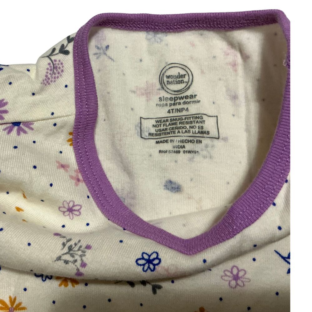Girls Snug-Fit 2-Piece Pajama Set Size 4T Cream with Purple Owl & Flower Print - Picture 5 of 9